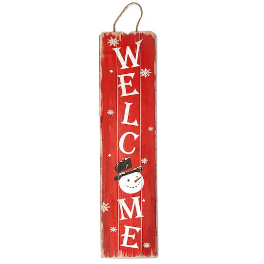 24" Christmas Snowman Welcome Wood Hanging Sign with Burlap String